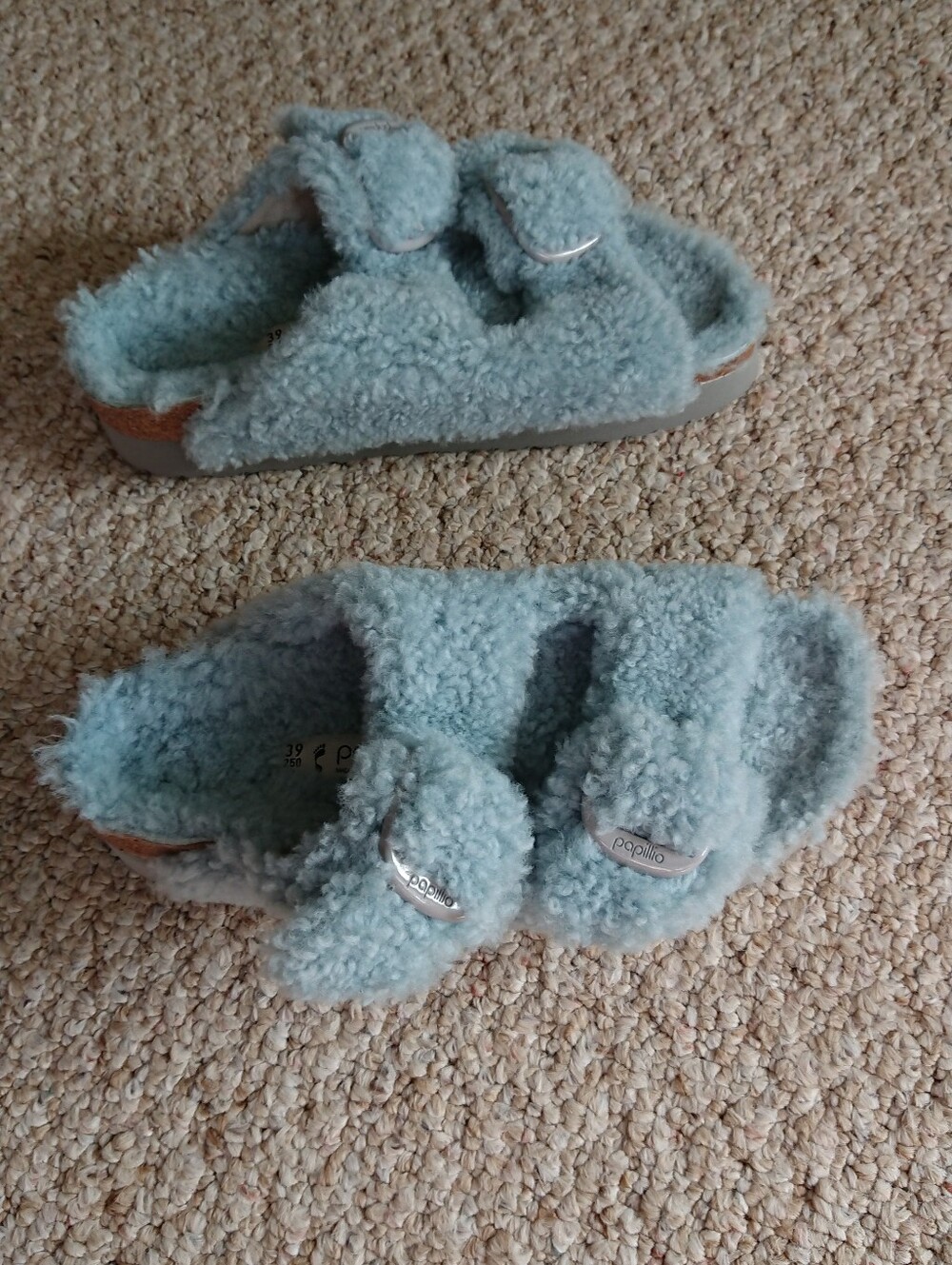 Birkenstock Papillio Buckle Shearling Platform Teddy Aqua blue Slide sz 8.5/250